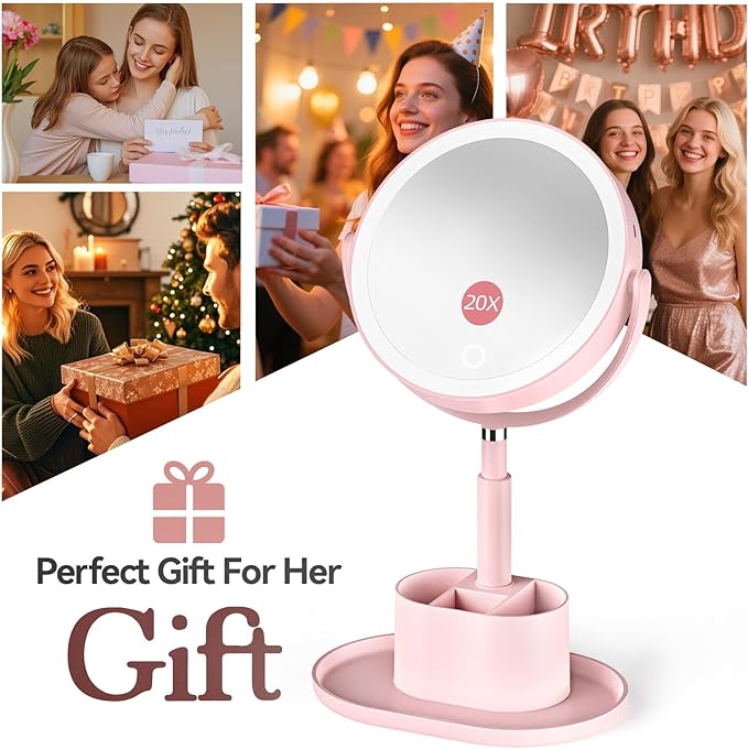 Shinowa Makeup Mirror with Lights, 1X/20X Lighted Magnifying Mirror with Storage for Makeup & Jewelry, 2-Sided Height Adjustable Vanity Mirror with 3 Color Lights, 360° Rotation & Rechargeable, Pink
