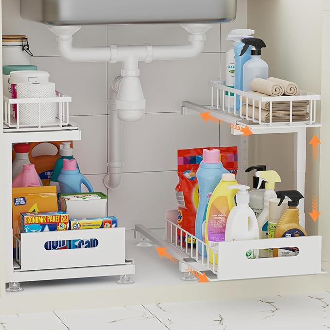 2 Pack Under Sink Organizer, Heavy Duty Metal Slide Out Sink Shelf Organizer Height Adjustable, Multi-Purpose Storage Shelf for Kitchen Bathroom (White,2Pack)