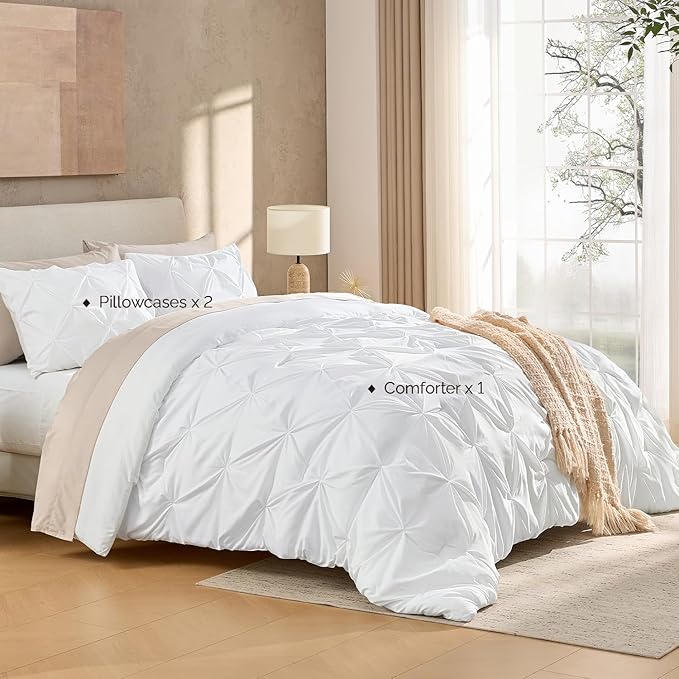 Andency White California King Comforter Set (104x96Inch), 3 Pieces Cute Pinch Pleat Cal King Bedding Comforters & Sets, Oversized Pintuck Soft Down Alternative Bed Set for All Season