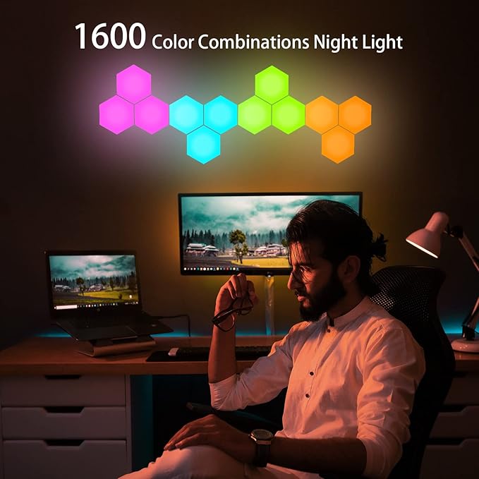 Hexagon Lights Wall Panels, Smart LED Wall Lights with APP, DIY Modular Assembled Music Sync RGB Gaming, Hex Light with USB-Power for Autism, Game Room Decor, Party (6-Pack)