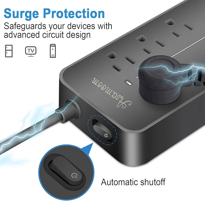 25FT Flat Plug Surge Protector - 8 Outlet & 3 USB Port (A & C) Power Strip Extension Cord, Wall Mountable Desk Power Strip for Home Office - Black - ETL Listed