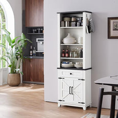 72in Tall Bookshelf 7 Tier Bookcase with Drawer and Barn Doors and Adjustable Shelves, White Farmhouse Book Shelf with Storage Cabinet, Wood Freestanding Display Bookshelves for Living Room