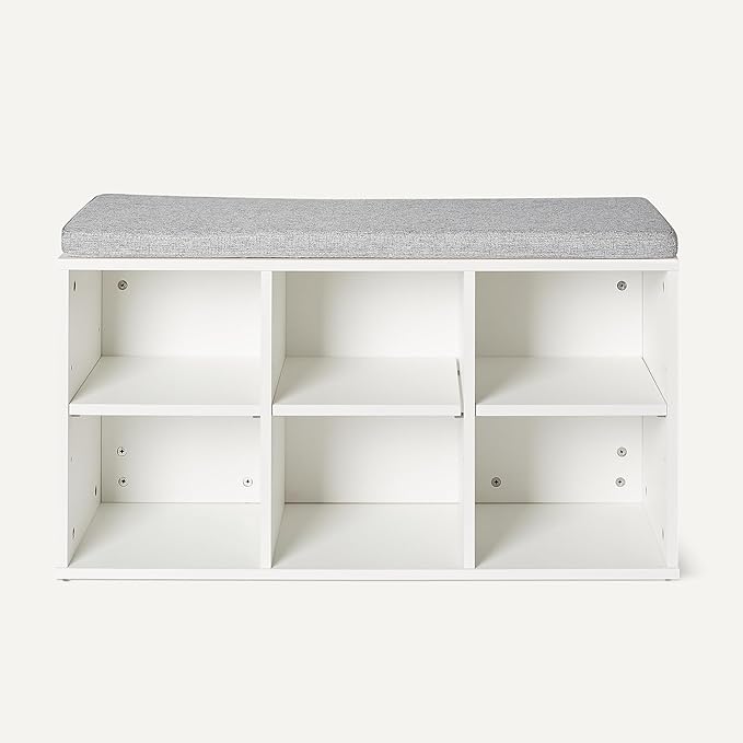 Amazon Basics Shoe Storage Bench with Cushion, Shoe Rack 6 Cubbies, Adjustable Shelves, White