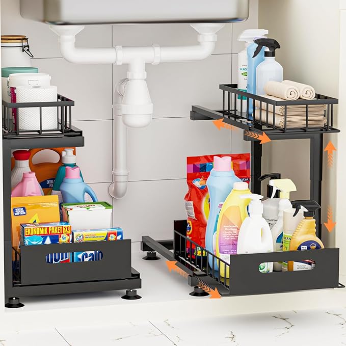 2 Pack Under Sink Organizer, Heavy Duty Metal Slide Out Sink Shelf Organizer Height Adjustable, Multi-Purpose Storage Shelf for Kitchen Bathroom (Black,2Pack)