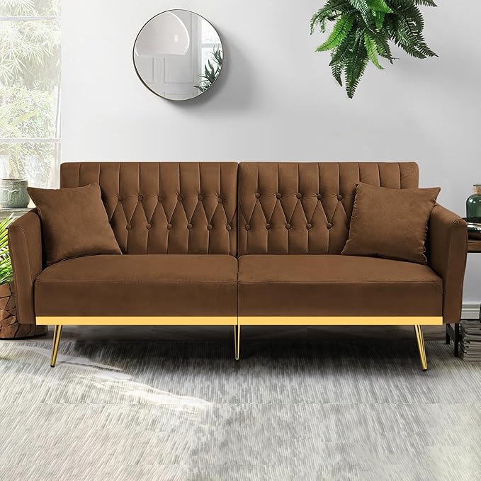 70” Velvet Futon Sofa Bed with 2 Pillows and Adjustable Armrests, Convertible Sleeper Bed W/Adjustable Backrests, Modern Loveseat for Living Room, Bedroom, Brown