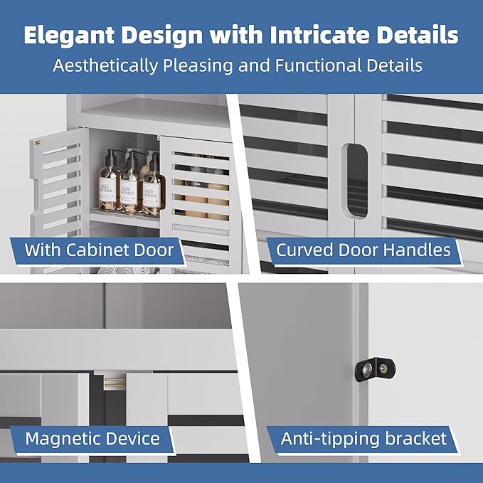 HITNET White Bathroom Cabinet, Bamboo Storage Cabinet Freestanding, Side Tall Storage Organizer for Kitchen Living Room Entryway