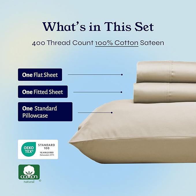 California Design Den Soft Twin Sheets Set - 400 Thread Count Sateen, Natural 100% Cotton Sheets, Deep Pockets, and Durable Bedding Set for Dorm Rooms & Adults - Beige (Golden Tone)