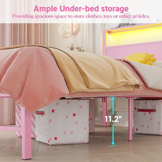 Weehom Twin Bed Frames with Headboard Shelf Storage, Wood Twin Bed Frame with Charging Station and LED Lights, No Box Spring Needed Twin Size Metal Bed Frame for Kids Students, Pink