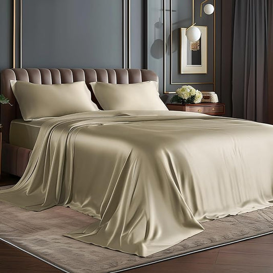 BEDELITE King Size Sheets Set, Luxury Soft Taupe Satin Sheets for Hair and Skin, Similar to Silk Bed Sheets Set 4 Pieces with 1 Deep Pocket Fitted Sheet, 1 Flat Sheet, and 2 Pillowcases