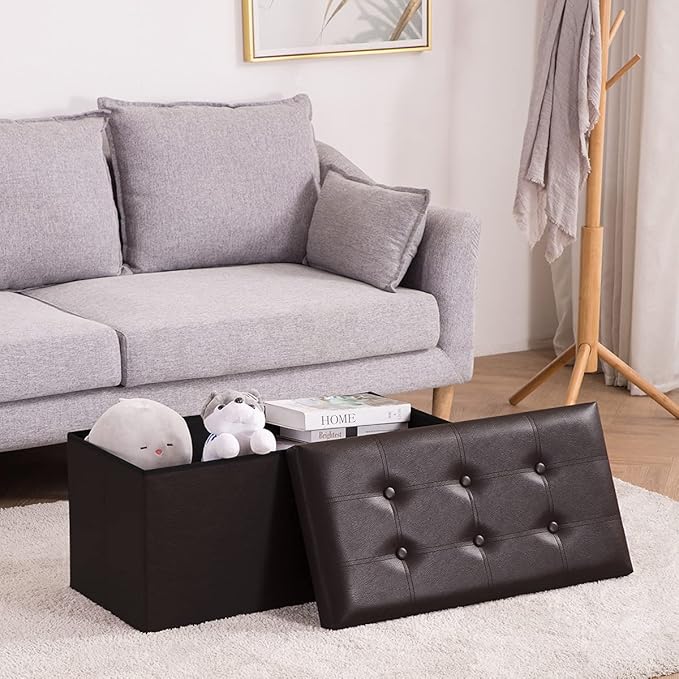 Youdesure Folding Storage Ottoman Bench, 30 inch Faux Leather Footrest Couch for Living Room, Storage Bench with Padded Seat for Bedroom Hallway, Holds up to 350lbs, Brown