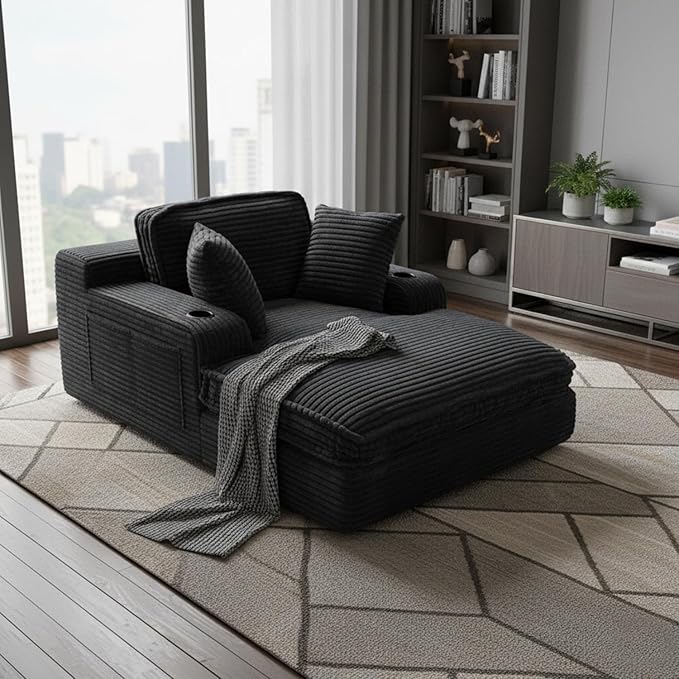 67" Oversized Chaise Lounge Chair Indoor, Soft Boneless Cloud Couch with 3 Pillows, 4 Side Pockets and 2 Cup Holders, Comfy Corduroy Sleeper Couch for Living Room Bedroom, Black