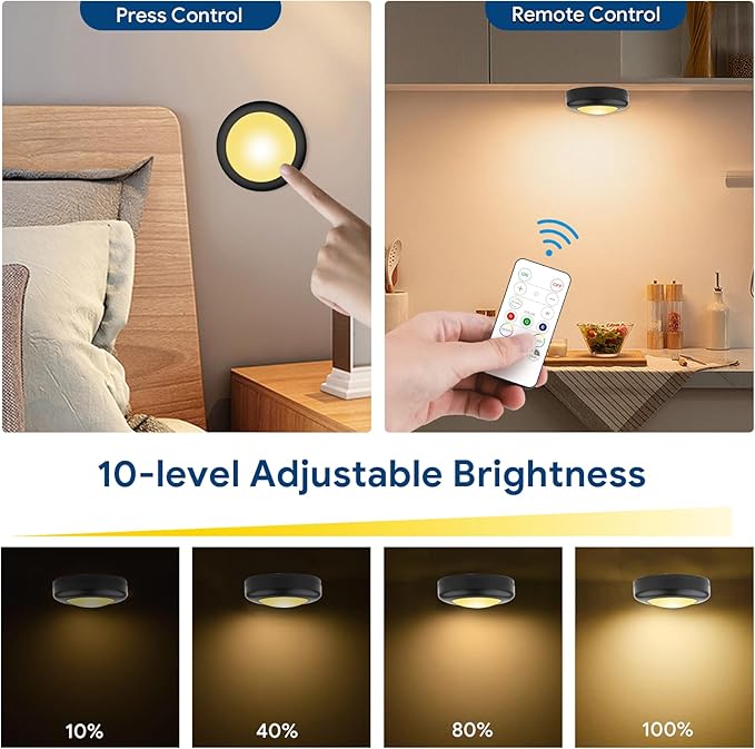 Yiliaw 3 Pack LED Puck Lights Remote Control 16 Color Changeable Under Cabinet Lights, Battery Operated Lights Night Light with Dimmer & Timmer for Closet Bedroom Kitchen, Black