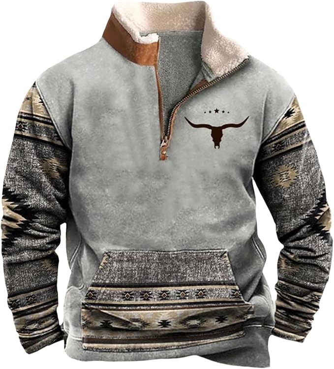 Western Sweatshirts for Men Aztec Cowboy Vintage Graphic Fleece Hoodie Mens Quarter Zip Pullover Country Jacket