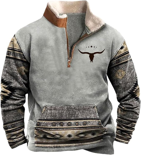 Western Sweatshirts for Men Aztec Cowboy Vintage Graphic Fleece Hoodie Mens Quarter Zip Pullover Country Jacket