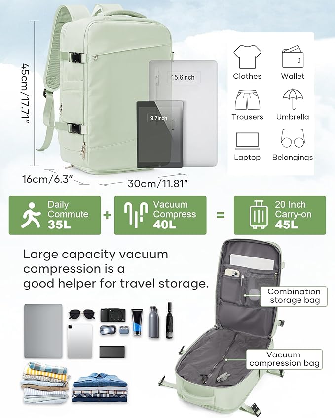 Vacuum Travel Backpack with Electric Vacpack Pump for Women, 40L Expandable Vacuum Compression Bags Personal Item Backpacks Flight Approved Traveling Carry on Suitcase Luggage, Light Green