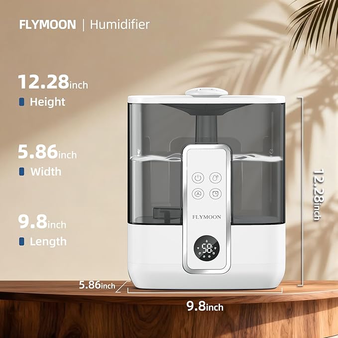 Flymoon 5L Quiet Mist Humidifier for Bedroom Large Room, Air Humidifier for Baby & Plants, Top Fill, 28dB, 3 Mist Levels, 12H Timer, App Control, White