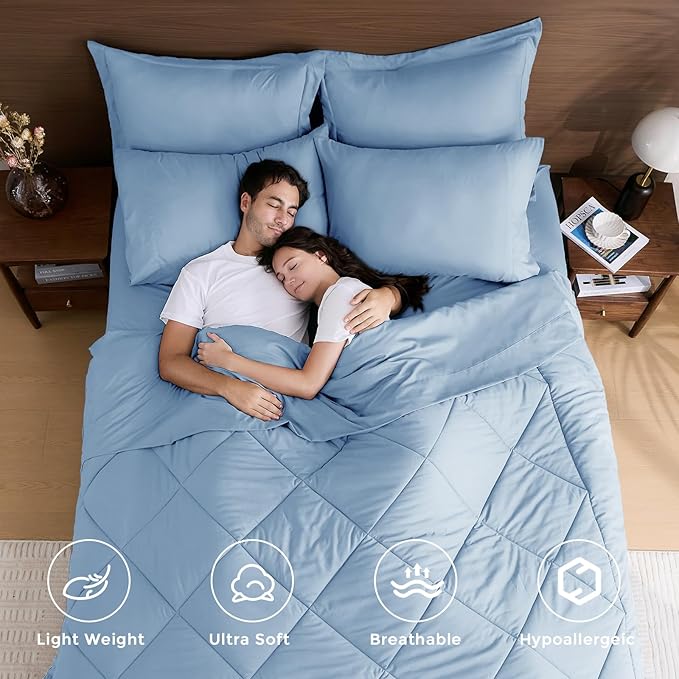 HEVUMYI Light Blue King Comforter Set - 7-Piece All Season Bed in a Bag King, Ultra Soft Bedding Set with Comforter, Flat Sheet, Fitted Sheet, Pillowcases, Pillow Shams