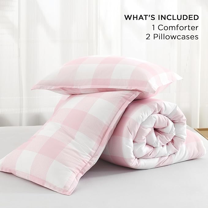 Andency Pink Checkered Comforter Queen(90x90Inch), Plaid Gingham Buffalo Plaid Grid Bedding Sets for Girls Kids Women Kids Teens, 3 Pieces Lightweight Microfiber Geometric Preppy Bed Set