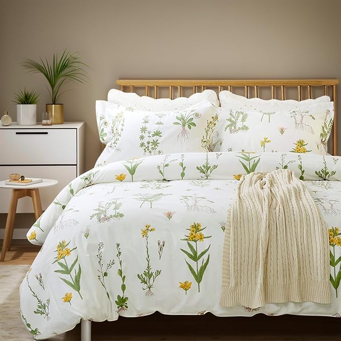 FADFAY Duvet Cover Set 3 Pieces 100% Cotton Twin XL 600 TC Floral Bedding Set Flower Printed White Fresh Pattern with Zipper Closure 1 Duvet Cover 2 Pillowcases for Kids Adult