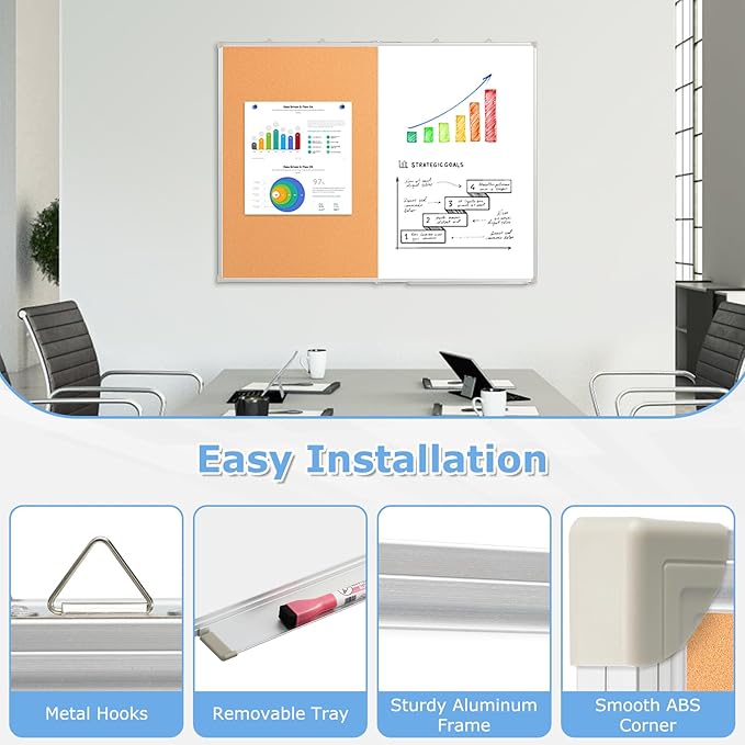 DOLLAR BOSS Foldable Cork Board White Board Combo 48 x 36 Inch Extra Large Magnetic Whiteboard Dry Erase Bulletin Board Portable Double Sided Aluminum Frame Pin Board Back to School Supplies
