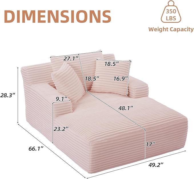 Oversized Chaise Lounge Chair Indoor Corduroy Sofa Bed with Throw Pillows Recliner Chair Comfy Large Deep Seat Sofa Couch for Living Room, Bedroom, Apartment (Pink)