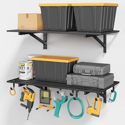 2-Pack 2x4ft Garage Shelving Wall Mounted, 2' x 4' Heavy Duty Garage Storage Shelves with Hooks, 400LB Capacity