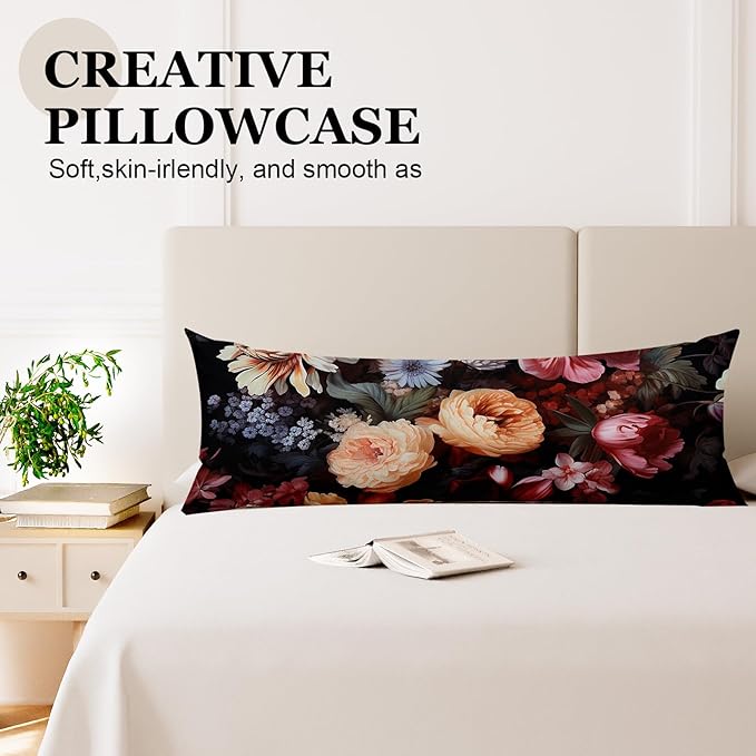 Microfiber Body Pillow Cover with Hidden Zipper,Comfortable Fabric,Floral Print Pattern Body Pillow Case,Lightweight and Breathable,The Size is 20 "X 54" (Flower-03)