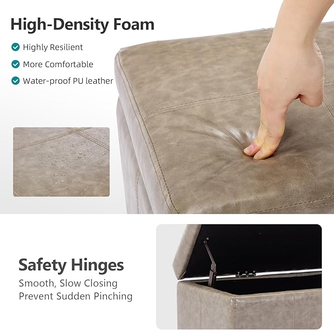 Faux Leather Storage Ottoman Bench with Hinged Lid,42 Inch Large Rectangular Footrest Stool for Bedroom End of Bed, Entryway and Living Room, Padded Seat Shoe Bench, Grey