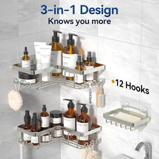 YASONIC Corner Shower Caddy, 3-Pack Adhesive Shower Caddy with Soap Holder and 12 Hooks, Rustproof Stainless Steel Bathroom Organizer, No Drilling Wall Mounted Shower Rack, Nickel