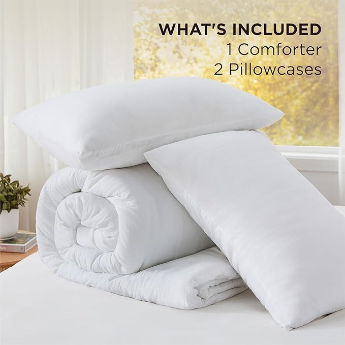 Bedsure Oversized Queen Size Comforter Set, White Soft Prewashed Bedding for All Seasons, 3 Pieces GentleSoft™ Down Alternative Bed Set, 1 Lightweight Comforter (98"x98") and 2 Pillowcases (20"x26")