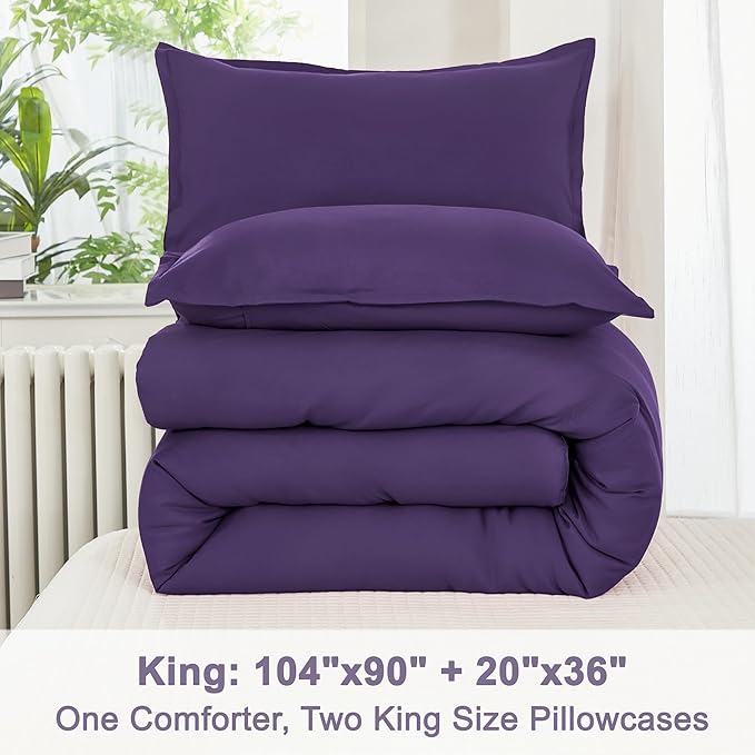 Litanika Comforter Set, Lightweight Solid Bedding Comforter Set, Fluffy Down Alternative Bed Set, Purple, King
