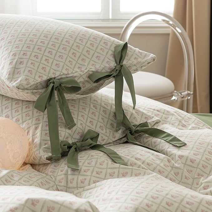 mixinni Red Floral Duvet Cover Set Twin Size - 100% Cotton Green Grid Bedding with Bow Ties, 3PC Cottagecore Comforter Cover (1 Duvet Cover + 2 Pillowcases) Vintage Garden Style Soft Aesthetic