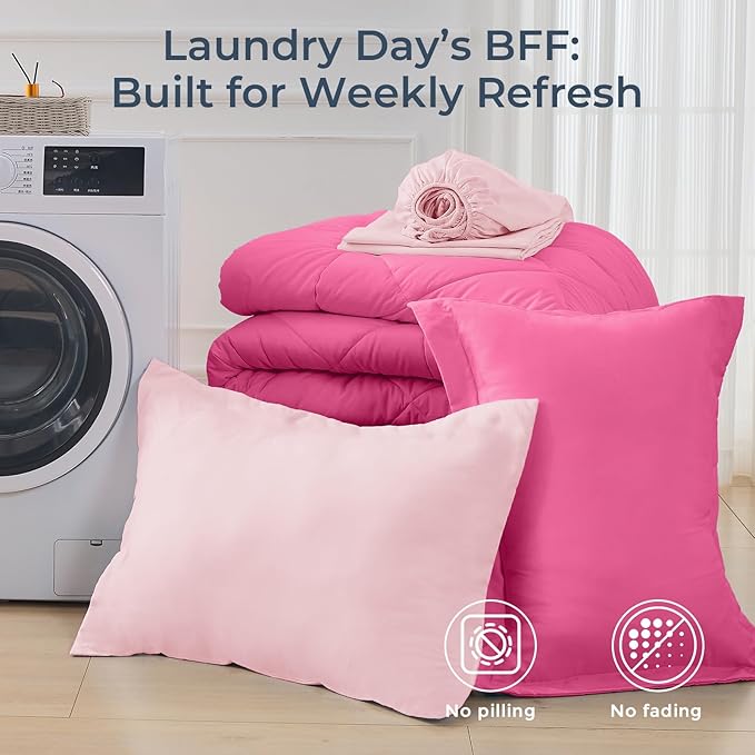 HEVUMYI Hot Pink & Baby Pink Twin-XL Comforter Set - 5-Piece All Season Bed in a Bag Twin-XL, Ultra Soft Bedding Set with Comforter, Flat Sheet, Fitted Sheet, Pillowcases, Pillow Shams