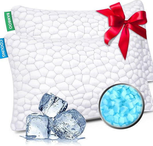 Cooling Bed Pillows Queen Size Set of 2, Shredded Memory Foam Pillows for Sleeping, Adjustable Firm Pillow for Side Back Stomach Sleepers, Gel Cool Pillow for Hot Sleepers Neck Support