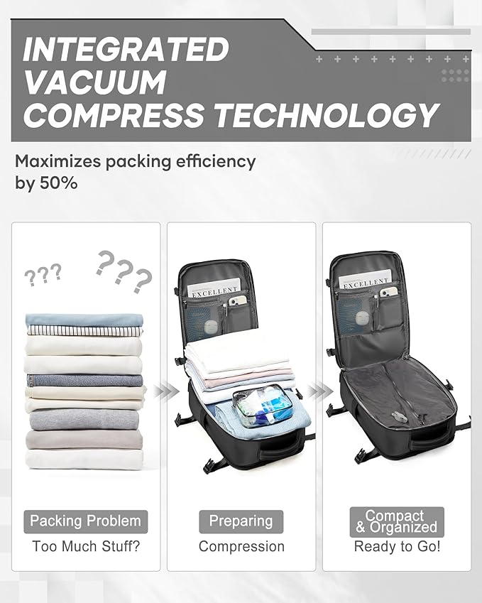 suwasp Vacuum Compression Backpack, 45L Expandable Travel Backpack with Electric Vacpack Pump, Travel Vacuum Bags with Shoe Compartment/17inch Laptop Compartment/Waterproof Pocket, Black