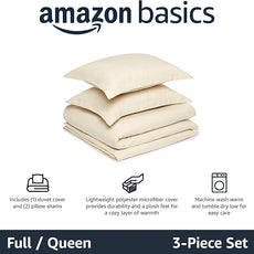 Amazon Basics Lightweight Microfiber 3-Piece Duvet Cover Set, Beige, Solid, Full/Queen