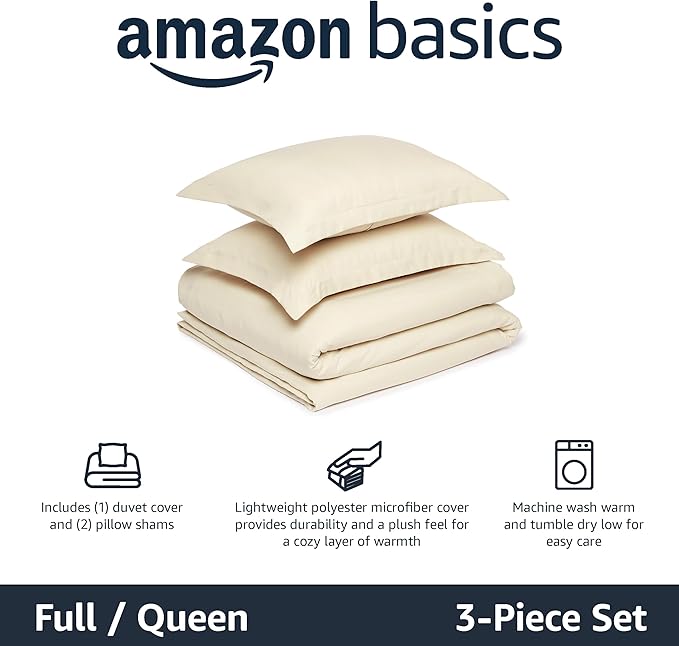 Amazon Basics Lightweight Microfiber 3-Piece Duvet Cover Set, Beige, Solid, Full/Queen