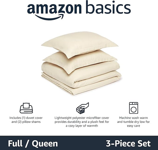 Amazon Basics Lightweight Microfiber 3-Piece Duvet Cover Set, Beige, Solid, Full/Queen