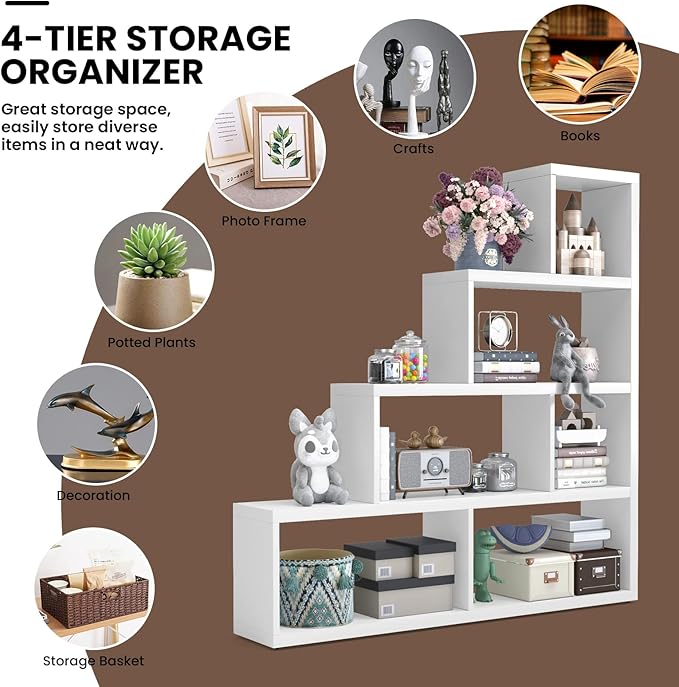 Tangkula 6 Cubes Bookshelf, Freestanding 6-Cube Stepped Etagere Bookcase, L Shaped Ladder Corner Open Bookshelf, Wood Storage Display Shelf for Living Room Home Office, 61 x 11.5 x 64 Inch (White)