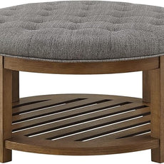 24KF Large Round Upholstered Tufted Linen Ottoman Coffee Table, Large Footrest Ottoman with Wood Shelf Storage-Granite