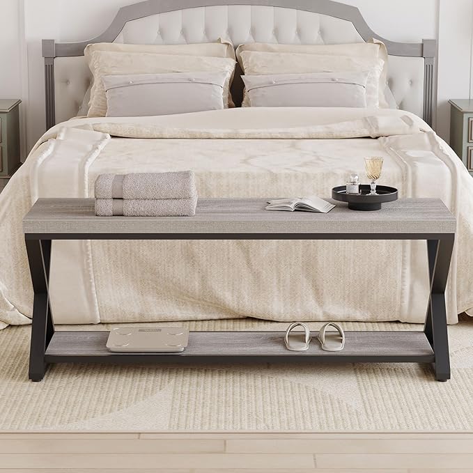 IBF Industrial Wood Entryway Bench, Indoor Farmhouse Hallway Accent Entry Bench for Seating Sitting with Storage, Metal Shoe Rack Grey Bench Organizer in Foyer Bedroom, Light Grey Oak, 47 Inch Long