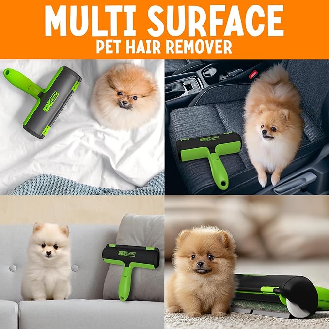 Triton Pet Hair Removal Tool w/Fur Trapping Compartment, 60% Smaller Storage Size, Reusable Shedding Roller, Cat and Dog Hair Remover for Car, Furniture, Carpet, Couch (Green)