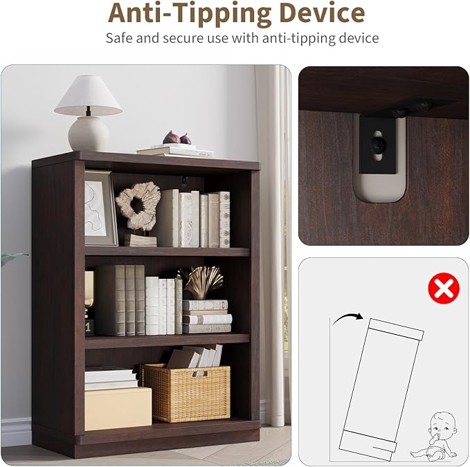 Rresyet 3 -Tier Bookcase and Book Shelf, 31” Wide Bookshelves, Wooden Bookcase Display Storage for Home Office, Living Room and Study Room (Cherry)