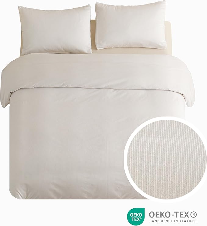 HeimenAogo 100% Cotton Vertical Stripe Jacquard Duvet Cover Queen, Luxury Hotel Collection Textured Weave, Silky Soft Comforter Cover 90x90 Inch, Zipper Closure, White Striped