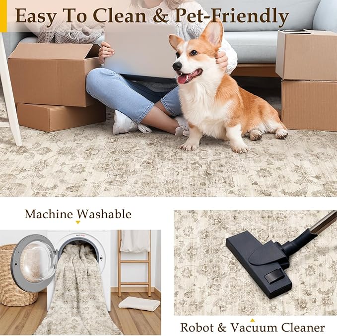 4x4 Washable Neutral Round Rug Beige Vintage Entryway Kitchen Cirlce Rug Non-Slip Soft Low Pile Floral Indoor Carpet for Entrance Bathroom Dining Room