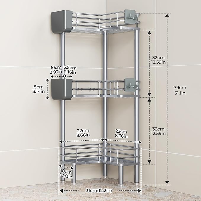 Orimade Rustproof 3 Tier Floor Standing Corner Shower Caddy Organizer with Toothbrush Holder, Large Spacing Floor Shower Shelf Rack Storage Stands with Hooks for Bathroom Kitchen, Silver