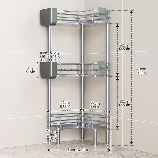 Orimade Rustproof 3 Tier Floor Standing Corner Shower Caddy Organizer with Toothbrush Holder, Large Spacing Floor Shower Shelf Rack Storage Stands with Hooks for Bathroom Kitchen, Silver