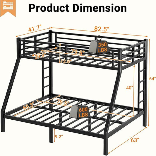 Twin XL Over Queen Bunk Bed, Metal Bunk Bed Frame Heavy Duty Bunk Beds Loft Bed Frame with Ladder and Guardrail Metal Slats No Box Spring Required for Adults Teens, Black