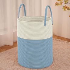 Large Woven Laundry Basket Hamper,60L Cotton Rope Storage Bin for Blankets,Toys and Clothes,Decorative Tall Nursery Hamper for Living Room,Baby Nursery,Bathroom and Bedroom,White and Blue