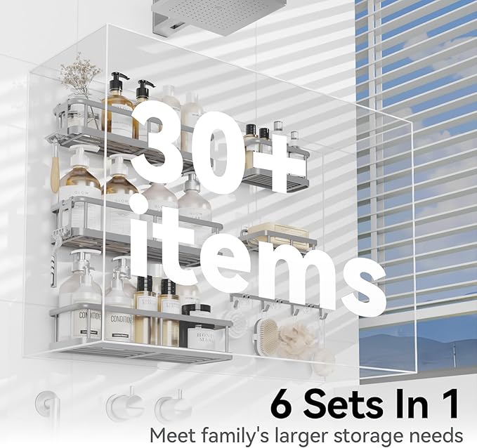 YASONIC Shower Caddy, 6 Pack Large Capacity shower Organizer with Soap Holder and 12 Hooks, Rustproof Shower Shelves for Inside Shower, No Drilling&Sleek Bathroom Organizers and Storage Grey